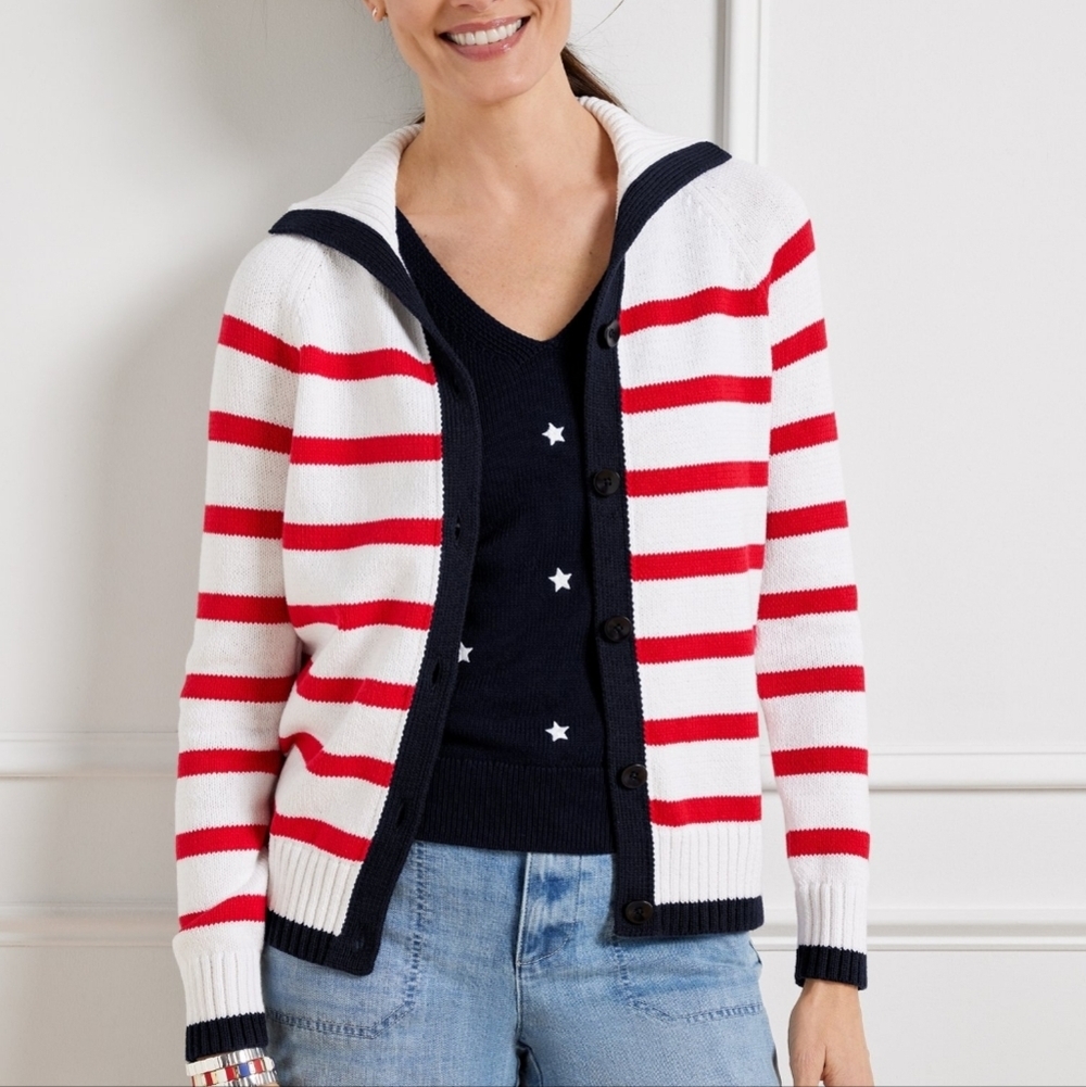 Talbots Sailor Collar Cardigan Sweater Americana Stripe Red White Blue Size L